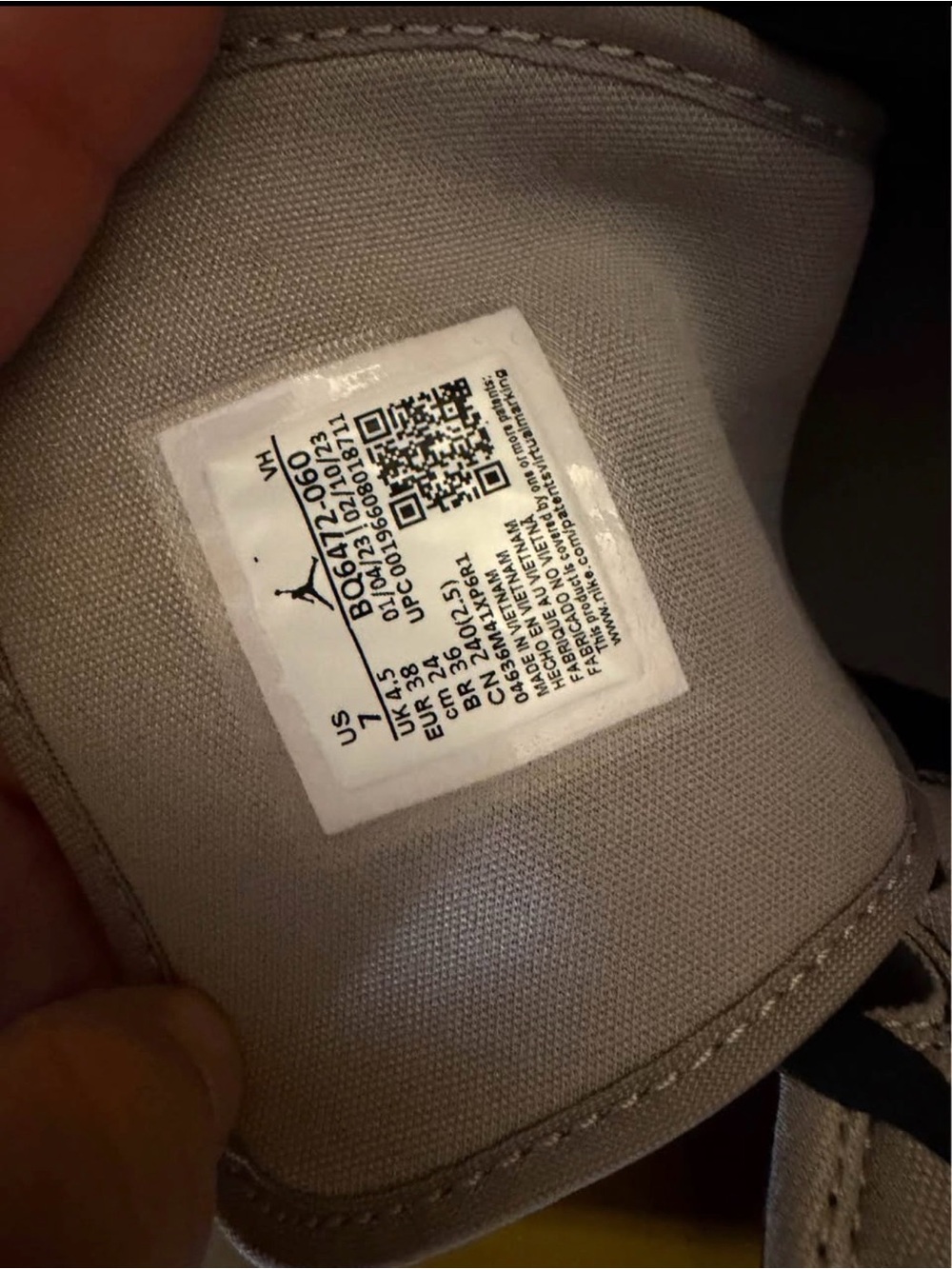 Jordan Light Gray Sneaker Tongue with Size Tag